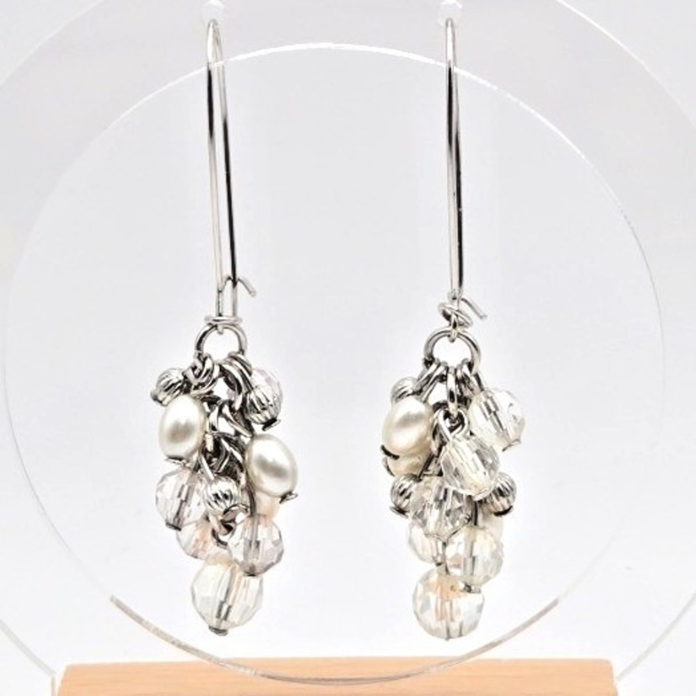 White Faux Pearls and Faceted Clear Beads on Silvertone French‎ Hooks